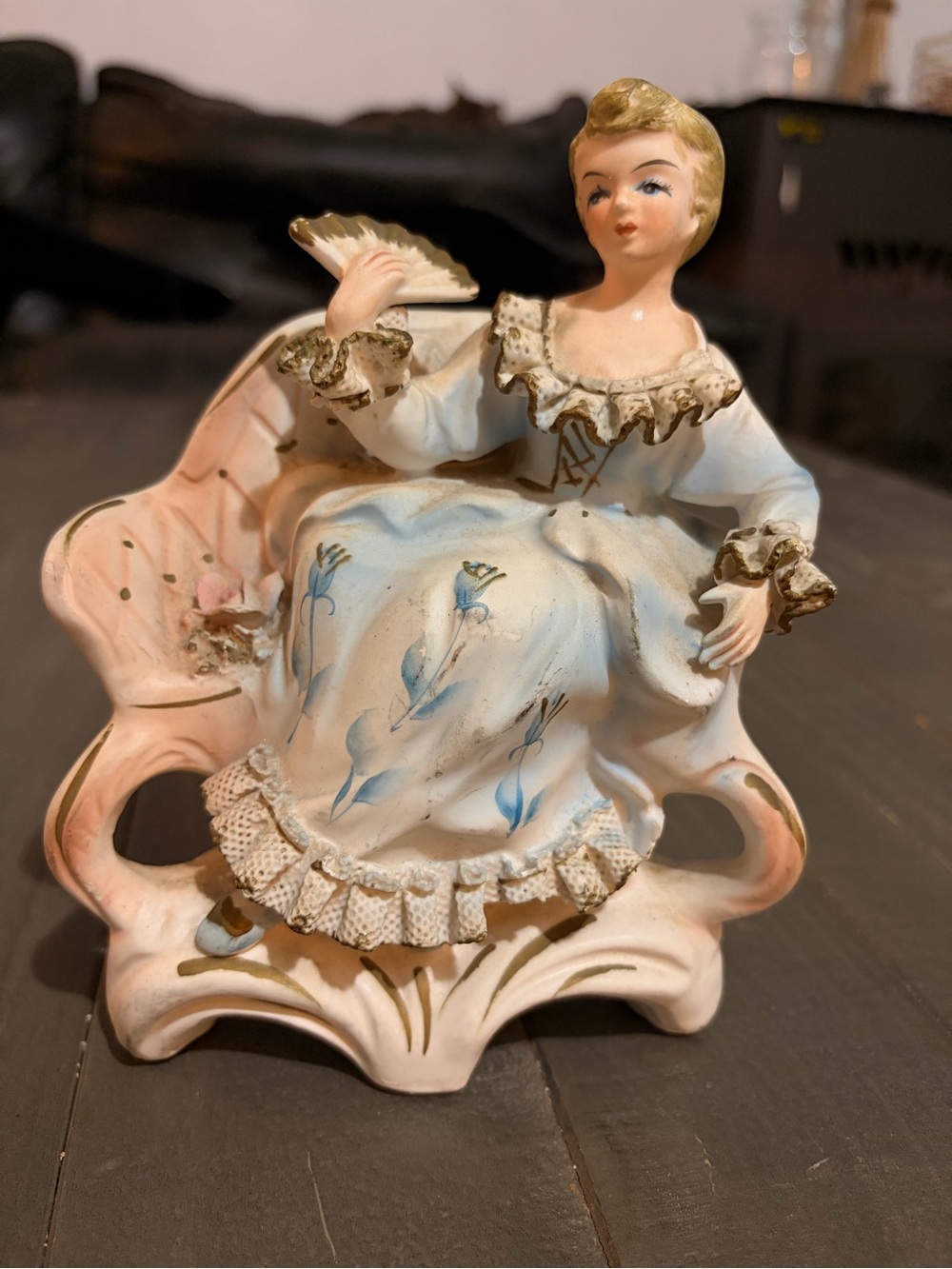 Victorian-Style Porcelain Lady Sculpture in Pale Blue and Pink